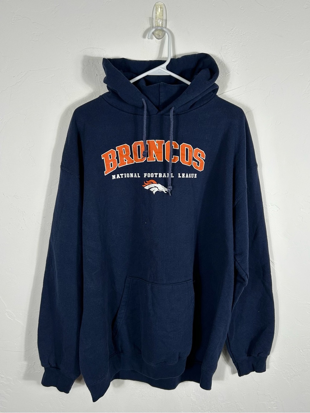 🔥🏈 Vintage DENVER BRONCOS NFL Logo Hoodie Navy Blue Men's Sz Large - EUC